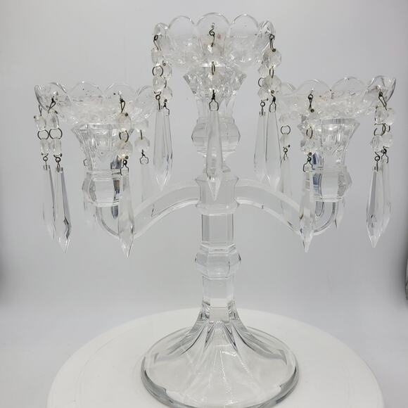 VINTAGE 3 Candle Crystal‎ Candelabra 11" Tall Bohemian Pendant Drops Fluted Base - Picture 4 of 16